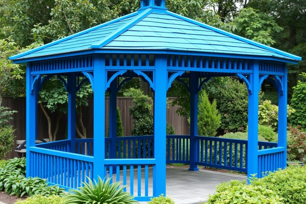 Altana ogrodowa pomalowana farbą kryjącą w intensywnym kolorze Altana ogrodowa pomalowana farbą kryjącą w intensywnym kolorze