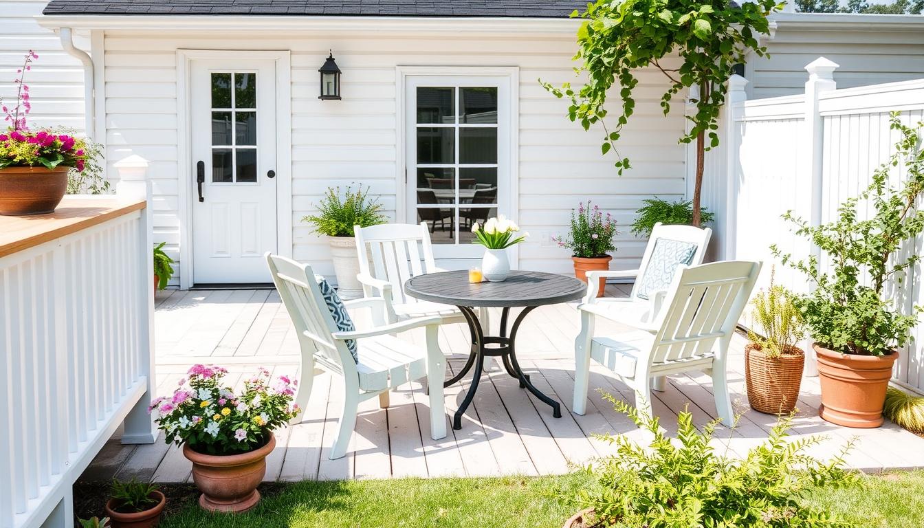 Biała farba do drewna na zewnątrz na przykładzie białego drewnianego tarasu