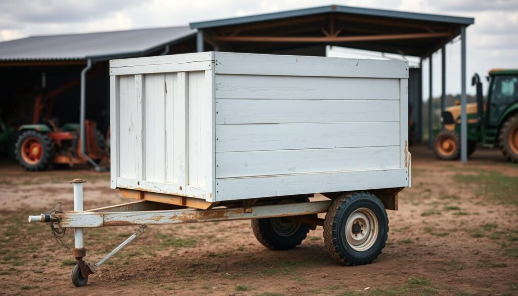 Biała farba na drewnianej przyczepie rolniczej Biała farba na drewnianej przyczepie rolniczej