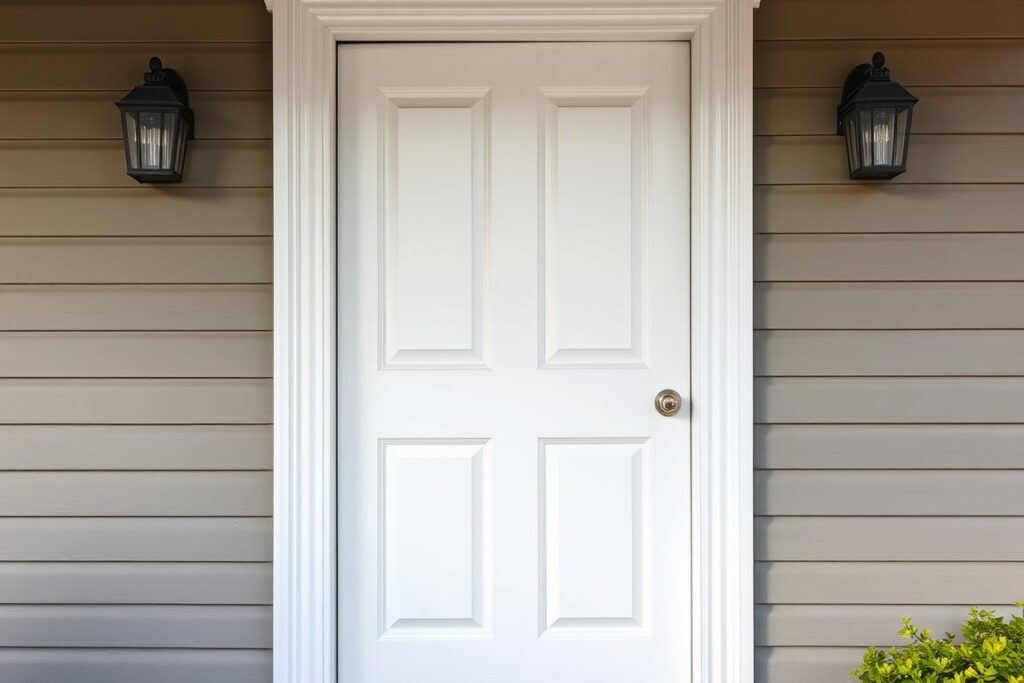 Białe drewniane drzwi zewnętrzne pomalowane specjalistyczną farbą Białe drewniane drzwi zewnętrzne pomalowane specjalistyczną farbą
