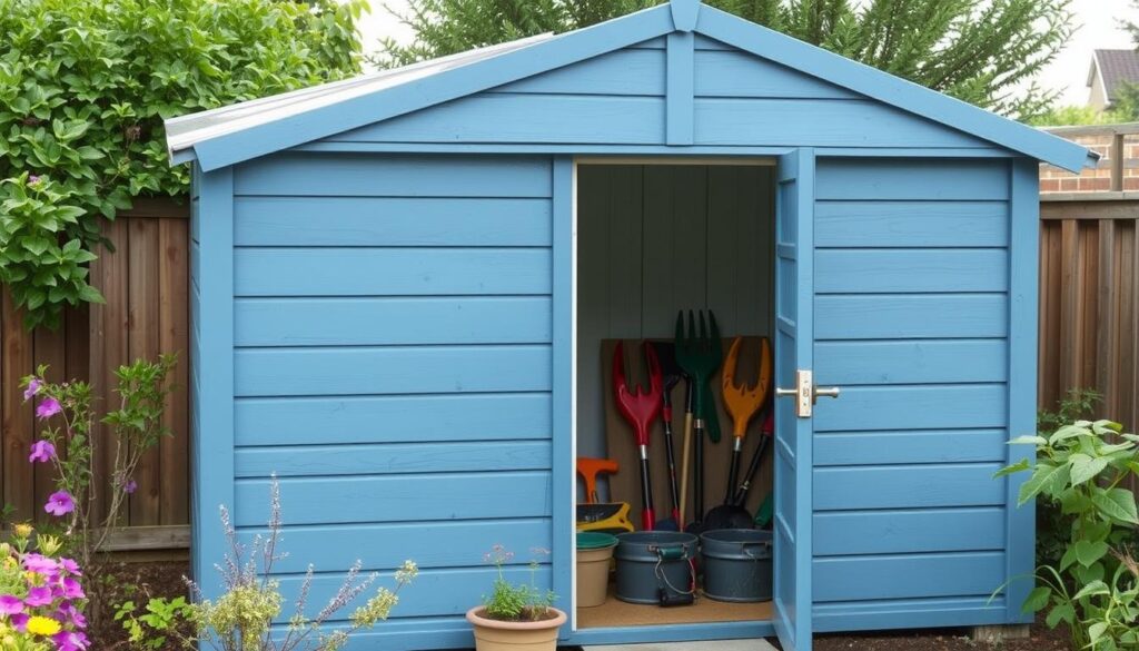 Domek narzędziowy pomalowany farbą ochronną do drewna Domek narzędziowy pomalowany farbą ochronną do drewna