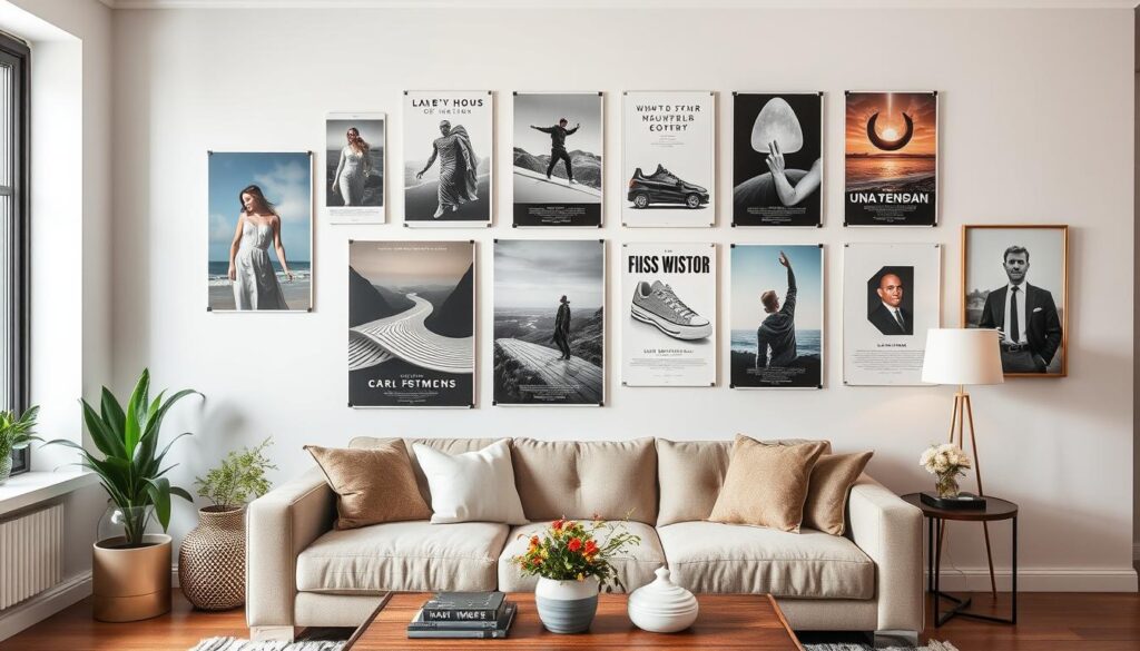 Elegancko zaaranżowana ściana z plakatami powieszonymi bez wiercenia