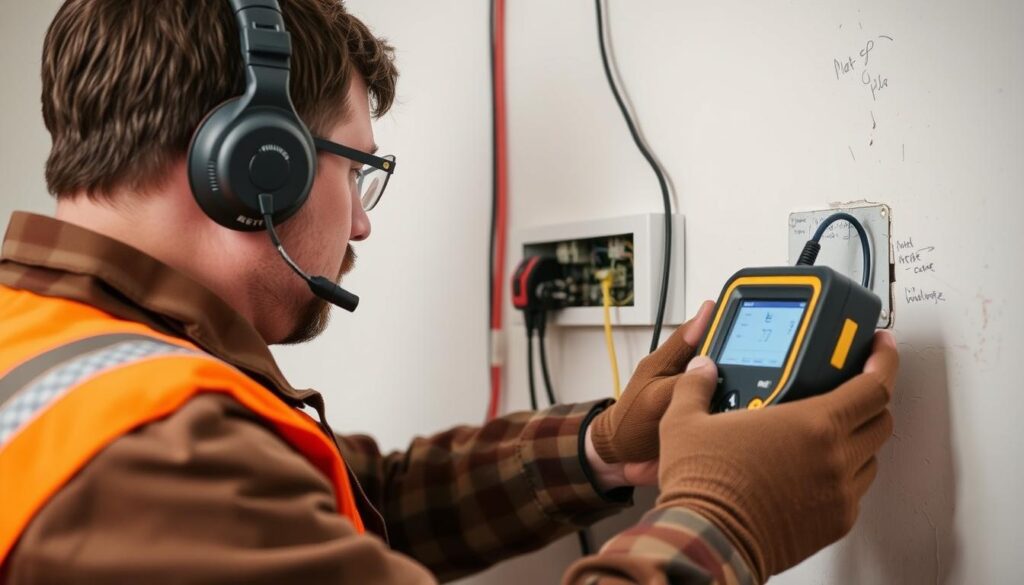Elektryk sprawdzający przebieg przewodów w ścianie za pomocą profesjonalnego sprzętu