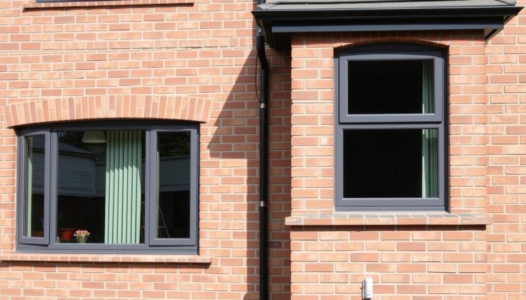 Elewacja z cegły klinkierowej z widocznym wzorem i detalami