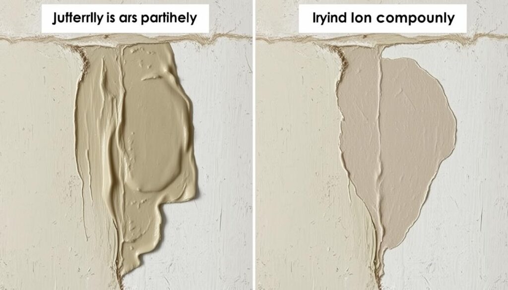 Etapy schnięcia gładzi szpachlowej - porównanie świeżej i częściowo wyschniętej powierzchni