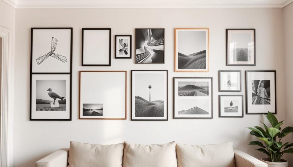 Galeria plakatów na ścianie w harmonijnym układzie