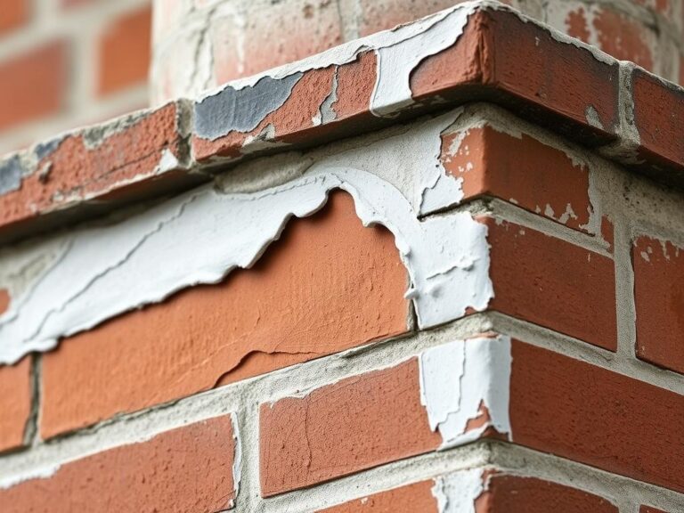 Komin zewnętrzny z widocznymi śladami zniszczenia farby pod wpływem wysokiej temperatury i warunków atmosferycznych