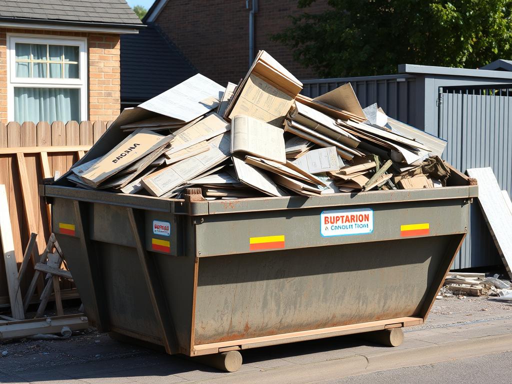 Kontener na odpady budowlane z tapetami i innymi odpadami remontowymi