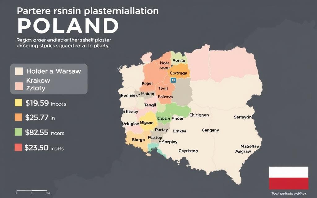 Mapa Polski pokazująca regionalne różnice w cenach tynku żywicznego za m2