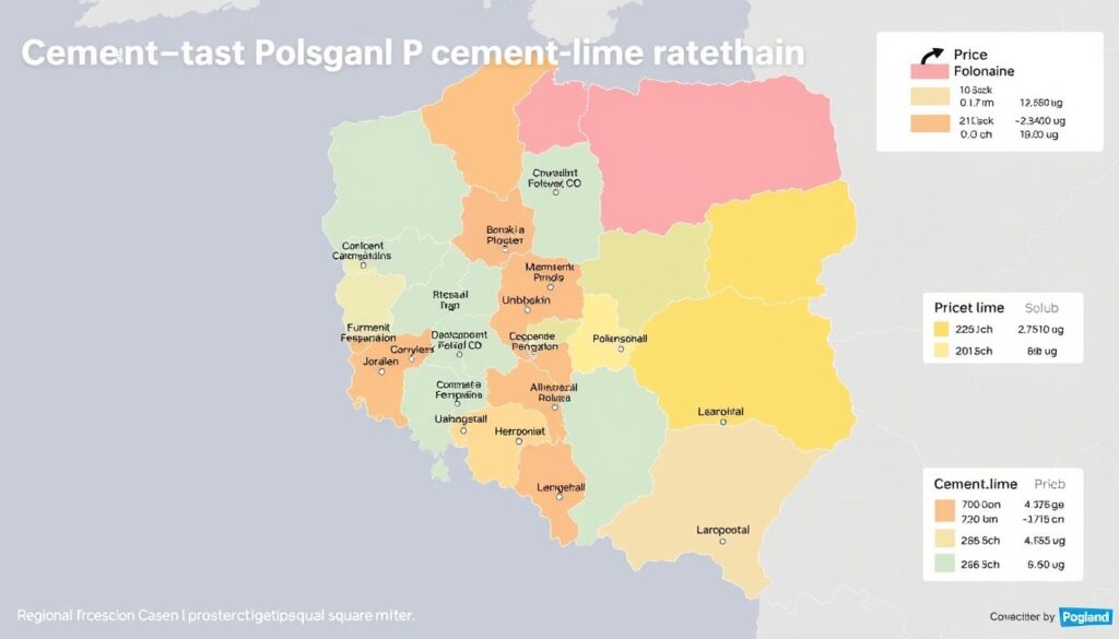 Mapa Polski z cenami tynku cementowo-wapiennego w różnych regionach