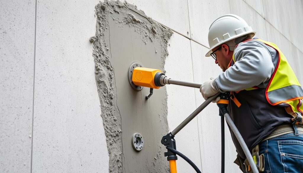 Nakładanie betonu na ścianę i zacieranie