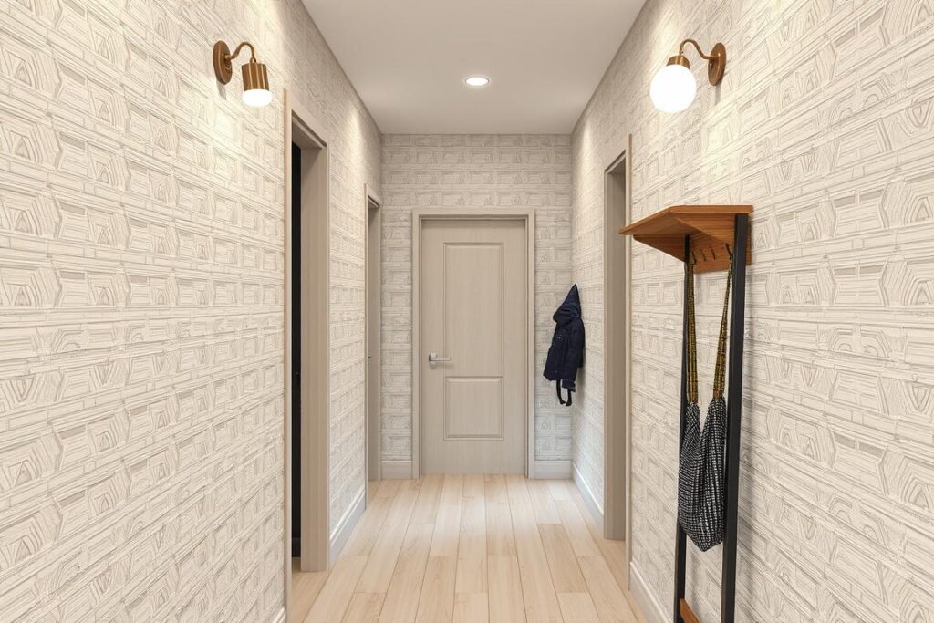 Nowoczesny przedpokój z tapetą strukturalną zamiast boazerii