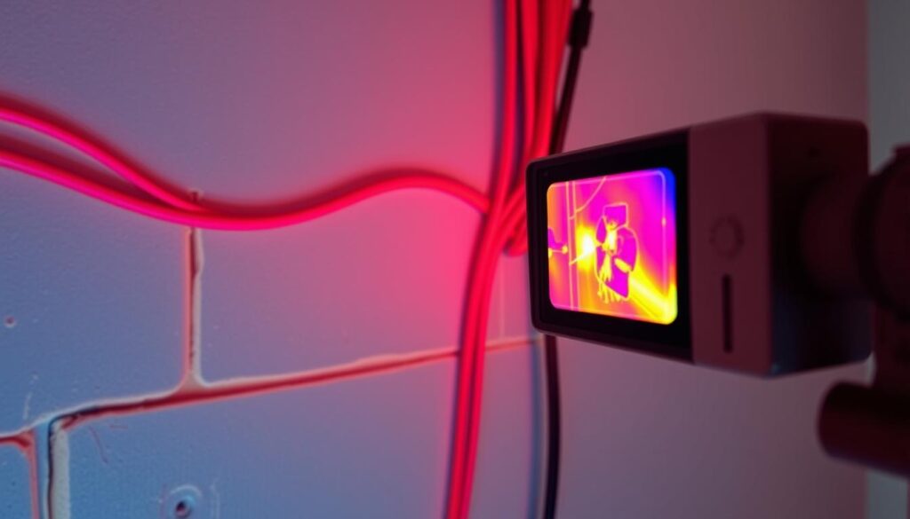 Obraz z kamery termowizyjnej pokazujący przewody elektryczne w ścianie