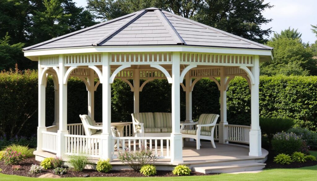 Pięknie pomalowana altana ogrodowa w harmonii z otoczeniem Pięknie pomalowana altana ogrodowa w harmonii z otoczeniem