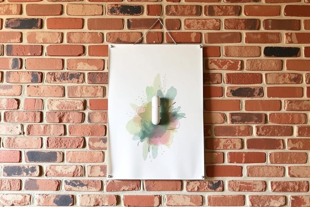 Plakat powieszony na ścianie z cegły bez wiercenia