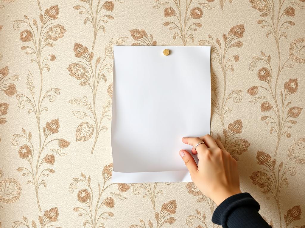 Plakat przymocowany do ściany z tapetą