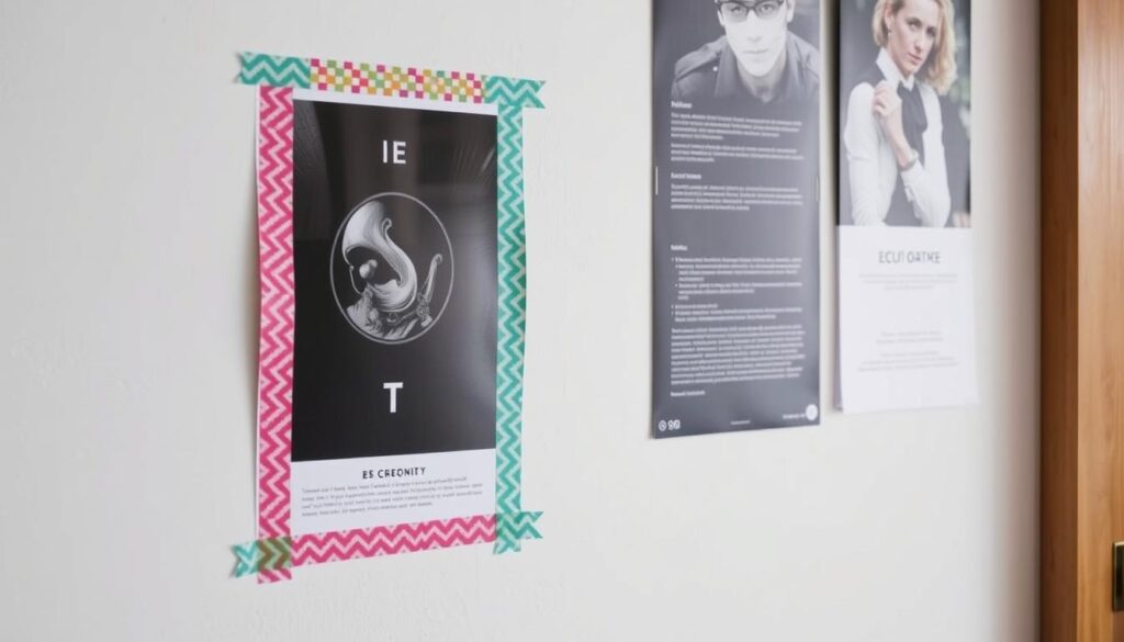 Plakat przymocowany do ściany za pomocą kolorowej taśmy washi