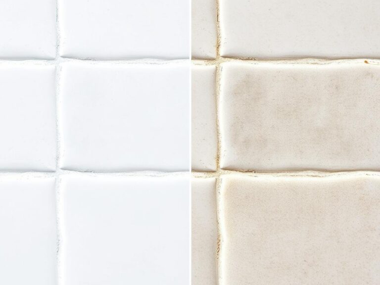 Porównanie czystej i brudnej fugi na płytkach łazienkowych