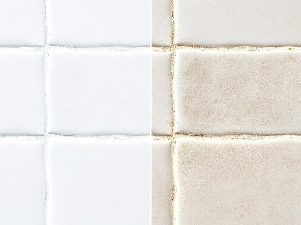 Porównanie czystej i brudnej fugi na płytkach łazienkowych