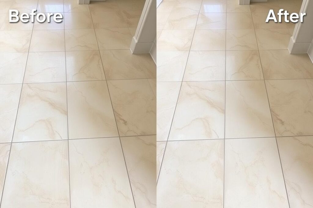 Porównanie gresu szkliwionego z smugami i po prawidłowym czyszczeniu