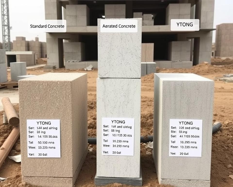 Porównanie różnych rodzajów bloczków betonowych ułożonych obok siebie