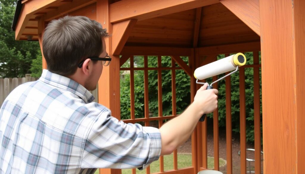 Proces malowania altany ogrodowej pędzlem i wałkiem Proces malowania altany ogrodowej pędzlem i wałkiem