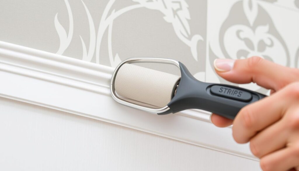 Proces maskowania widocznych łączeń tapety za pomocą specjalnego wałka