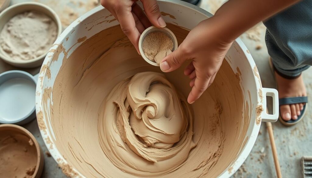 Proces mieszania tynku glinianego z zachowaniem odpowiednich proporcji gliny i piasku Proces mieszania tynku glinianego z zachowaniem odpowiednich proporcji gliny i piasku