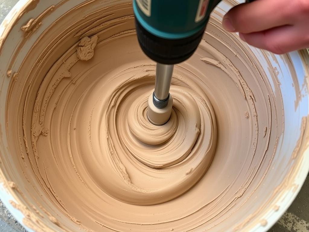 Proces mieszania tynku glinianego za pomocą mieszadła do wiertarki Proces mieszania tynku glinianego za pomocą mieszadła do wiertarki