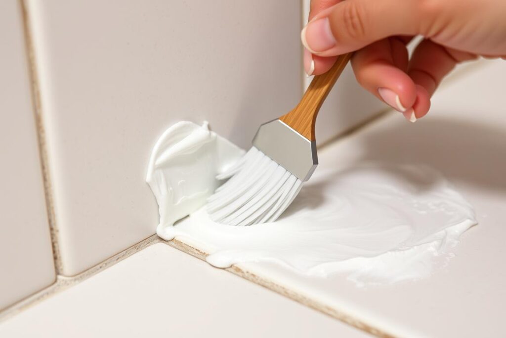 Proces nakładania pasty z sody i wody utlenionej na fugę między płytkami Proces nakładania pasty z sody i wody utlenionej na fugę między płytkami