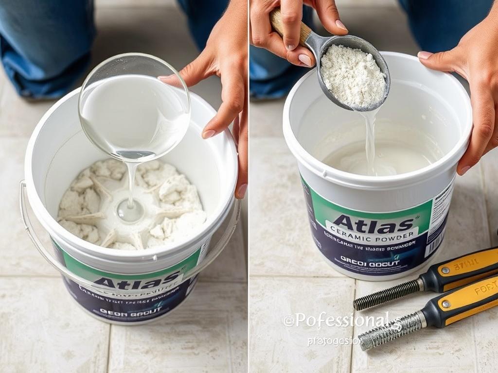 Proces rozrabiania fugi Atlas ceramicznej w wiaderku Proces rozrabiania fugi Atlas ceramicznej w wiaderku