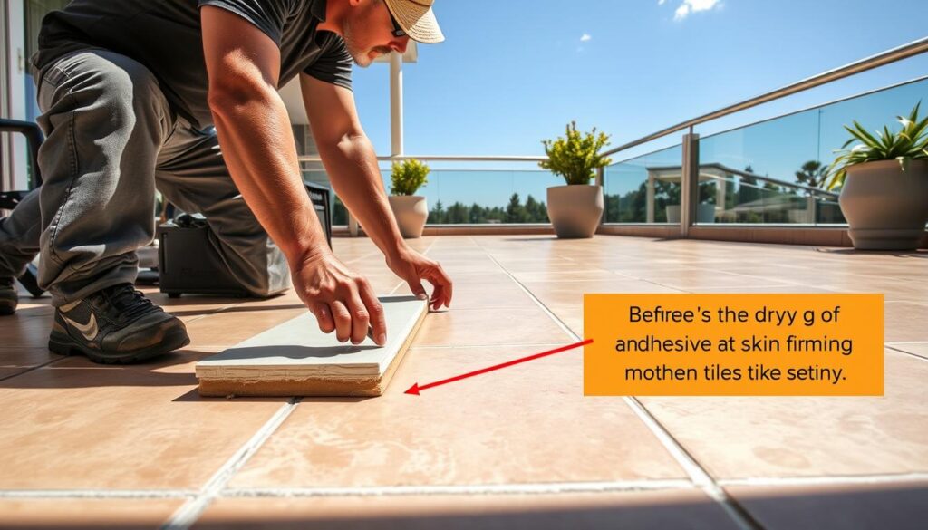 Proces układania płytek na tarasie w wysokiej temperaturze z widocznym szybkim wysychaniem kleju