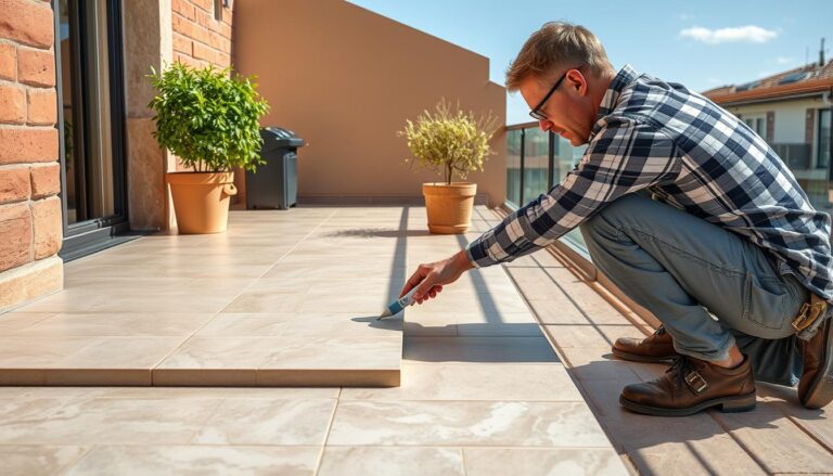 Profesjonalista układający płytki na tarasie w optymalnych warunkach temperaturowych