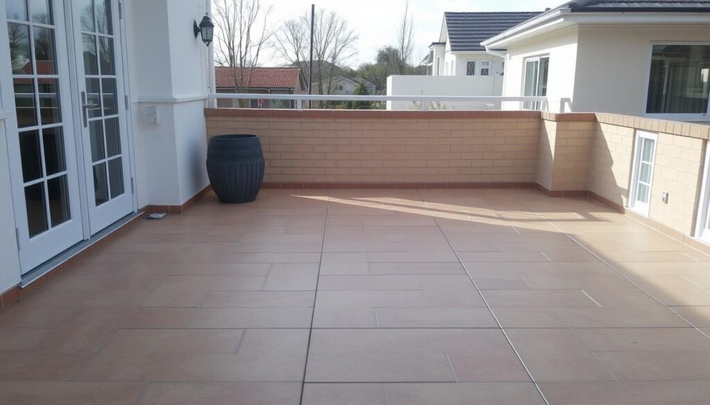 Profesjonalnie wykonana okładzina z płytek na tarasie w optymalnych warunkach pogodowych