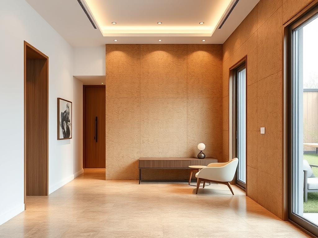 Przedpokój wykończony korkiem ściennym zamiast boazerii