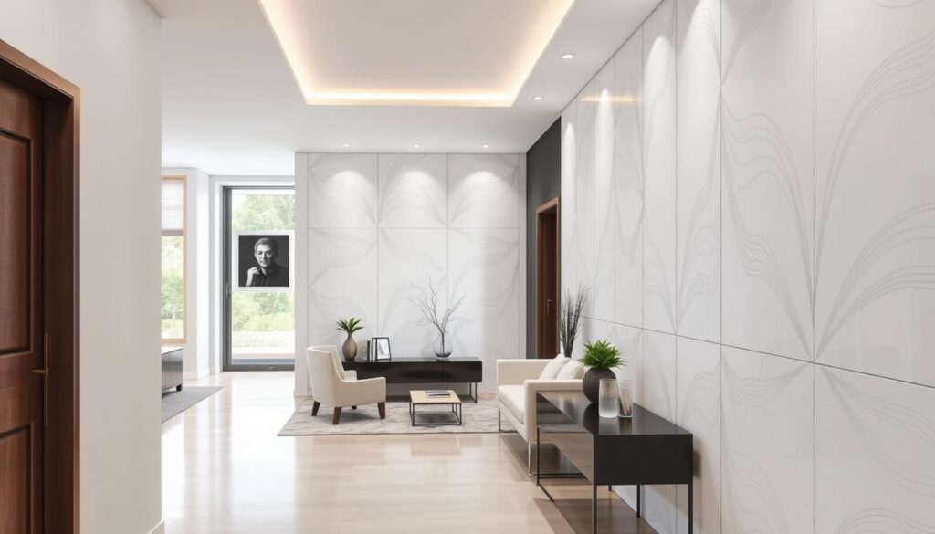 Przedpokój wykończony nowoczesnymi panelami ściennymi zamiast boazerii