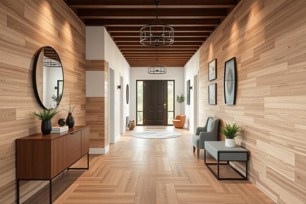 Przedpokój wykończony płytkami ceramicznymi imitującymi drewno zamiast boazerii
