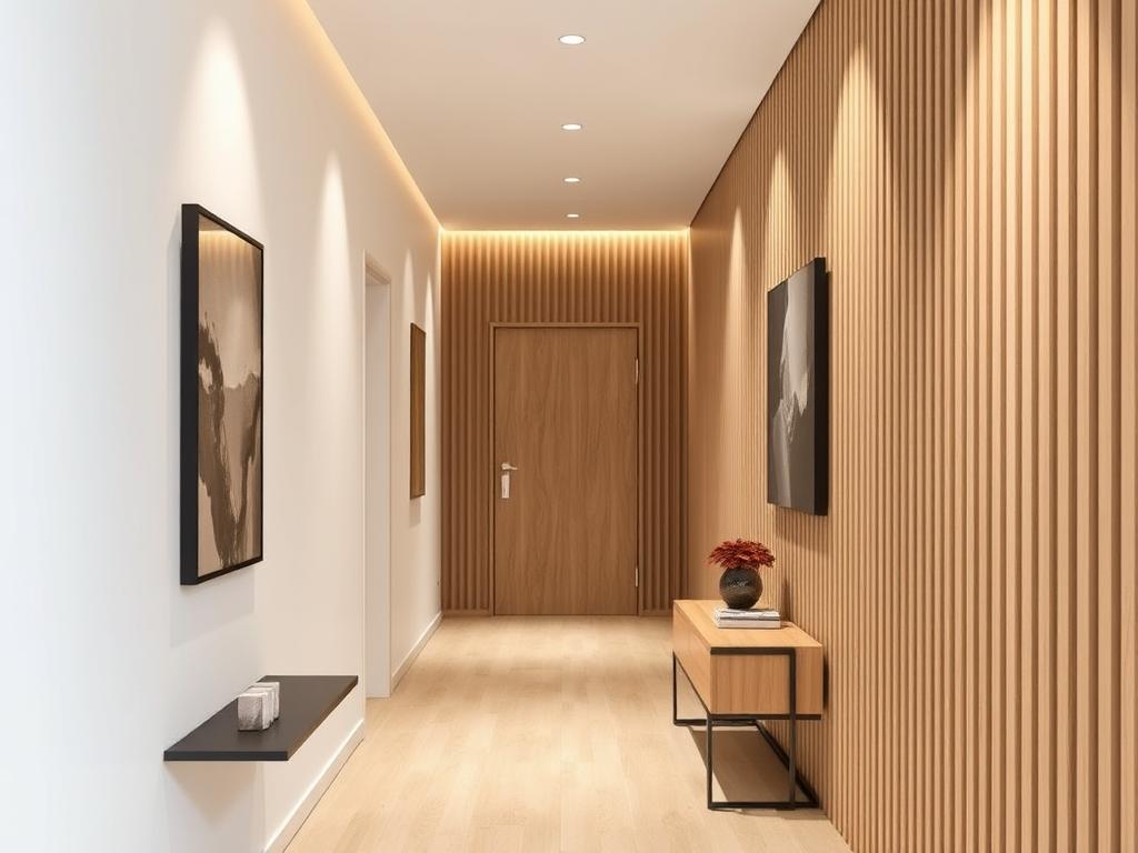 Przedpokój z lamelami dekoracyjnymi jako alternatywa dla boazerii