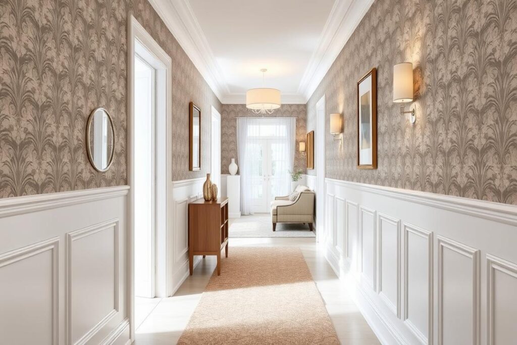 Przedpokój z lamperią i tapetą jako nowoczesna alternatywa dla boazerii