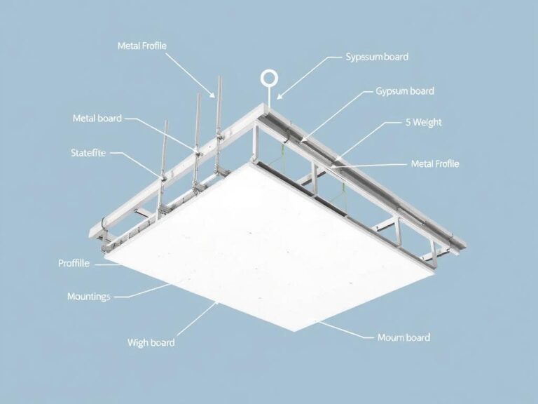 Przekrój sufitu podwieszanego z płyt gipsowo-kartonowych pokazujący konstrukcję nośną i punkty mocowania