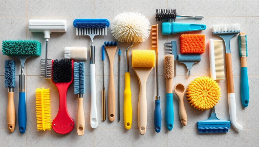 Różne narzędzia do czyszczenia fug: szczoteczki, gąbki i aplikatory Różne narzędzia do czyszczenia fug: szczoteczki, gąbki i aplikatory