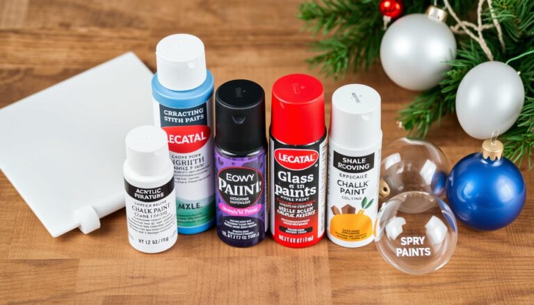 Różne rodzaje farb do malowania bombek szklanych ułożone na stole warsztatowym