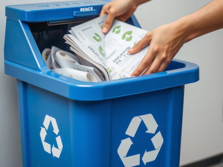 Segregacja tapet papierowych - osoba wrzucająca tapety do niebieskiego pojemnika na papier