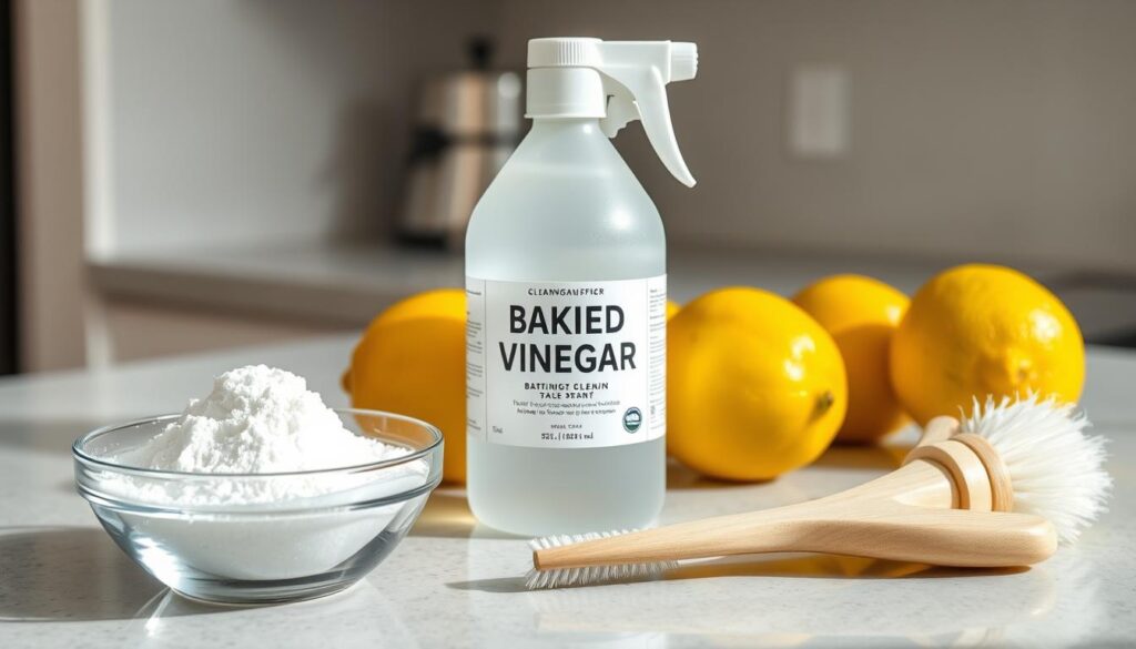 Składniki do domowego czyszczenia fugi: soda oczyszczona, ocet, cytryna i szczoteczka Składniki do domowego czyszczenia fugi: soda oczyszczona, ocet, cytryna i szczoteczka