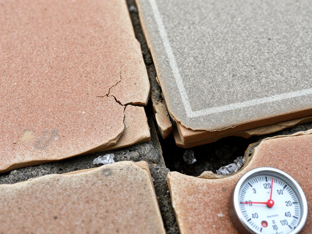 Uszkodzone płytki na zewnątrz z widocznymi pęknięciami spowodowanymi układaniem w zbyt niskiej temperaturze