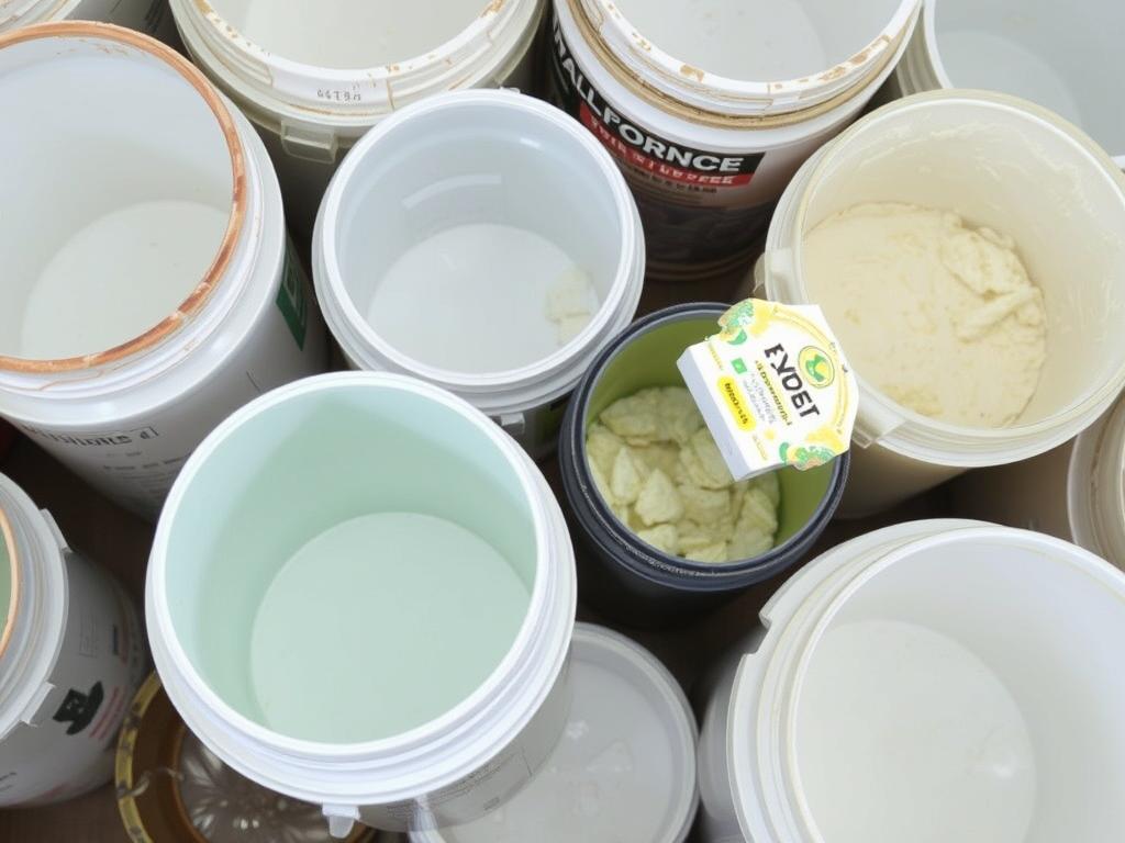 Utylizacja kleju do tapet - pojemniki z resztkami kleju przygotowane do wyrzucenia