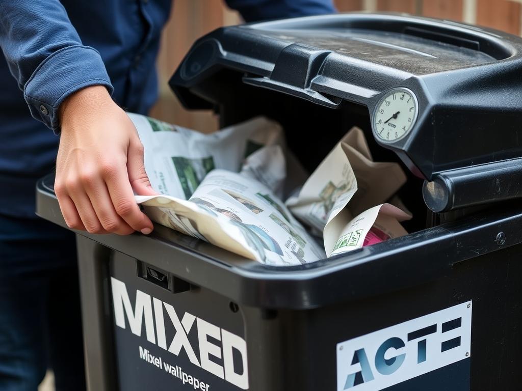 Utylizacja tapety winylowej - osoba wrzucająca tapetę do czarnego pojemnika na odpady zmieszane