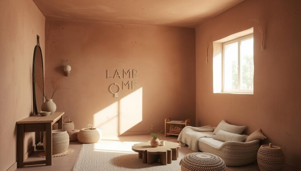 Wnętrze wykończone tynkiem glinianym prezentujące naturalne piękno i estetykę tego materiału Wnętrze wykończone tynkiem glinianym prezentujące naturalne piękno i estetykę tego materiału