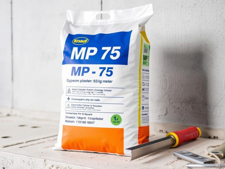 Worek tynku gipsowego Knauf MP 75 z informacją o zużyciu na m2