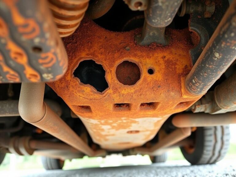 Zaawansowana korozja podwozia samochodu pokazująca zniszczenia spowodowane rdzą